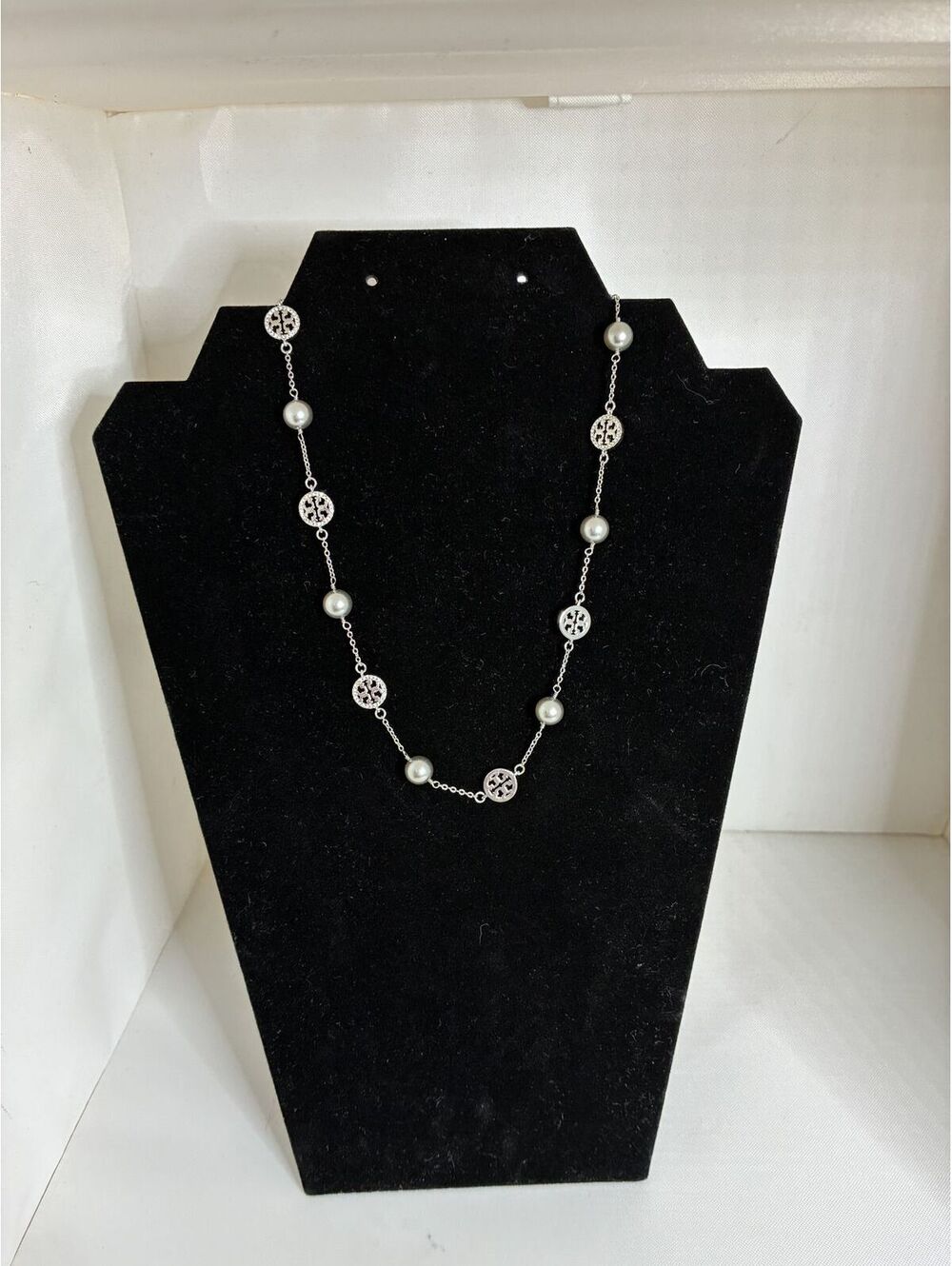 Tory Burch Silver Chain Necklace with Pearls and Logo Charms NEW